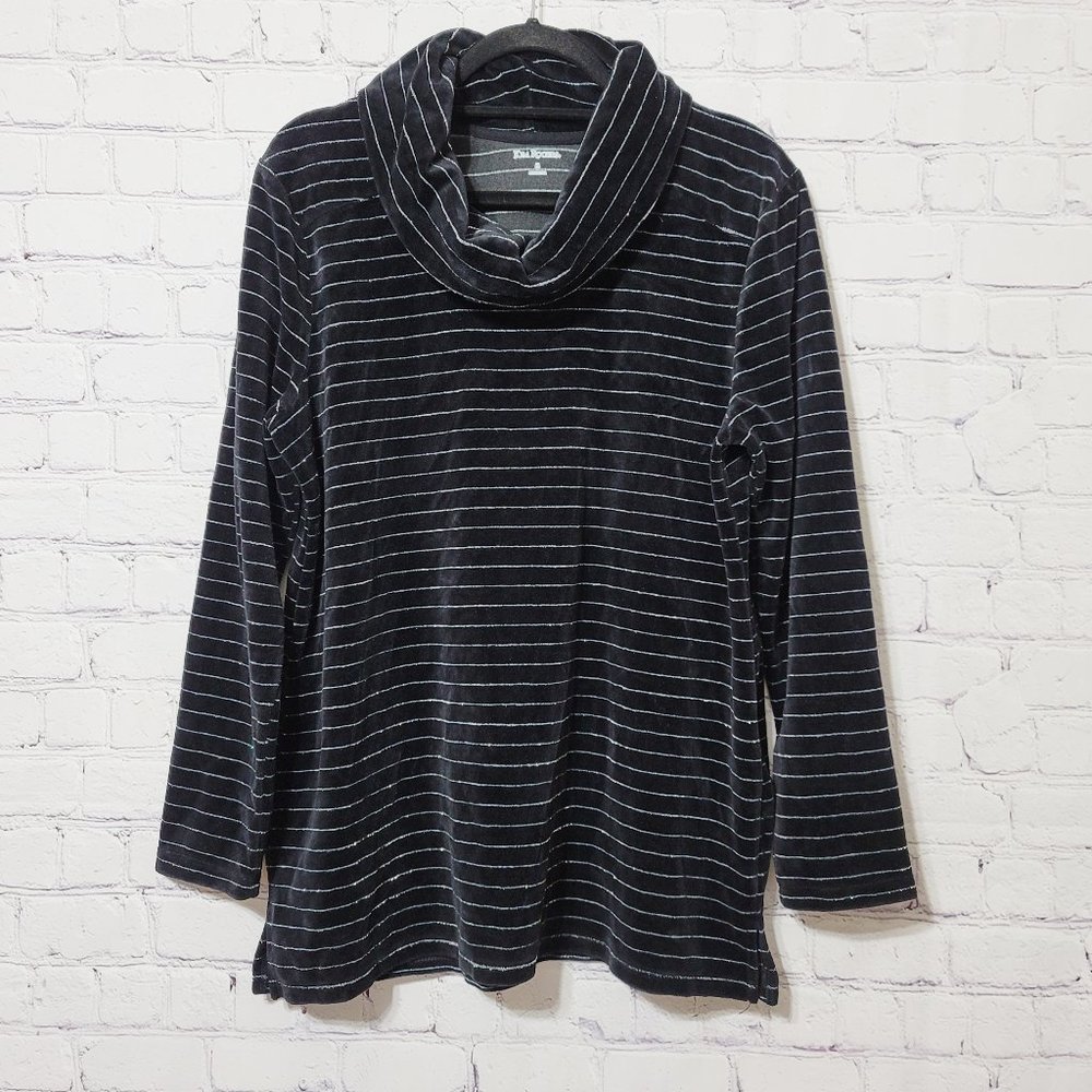 Kim Rogers Black Velour Silver Stripe Cowl Neck Top M